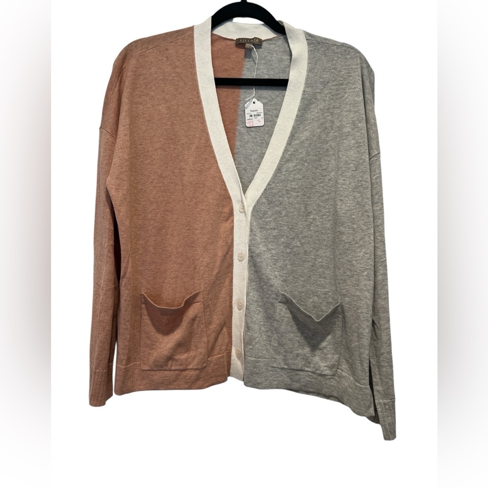 Lilla P Brown and Gray color block Cardigan Sweater large‎ new